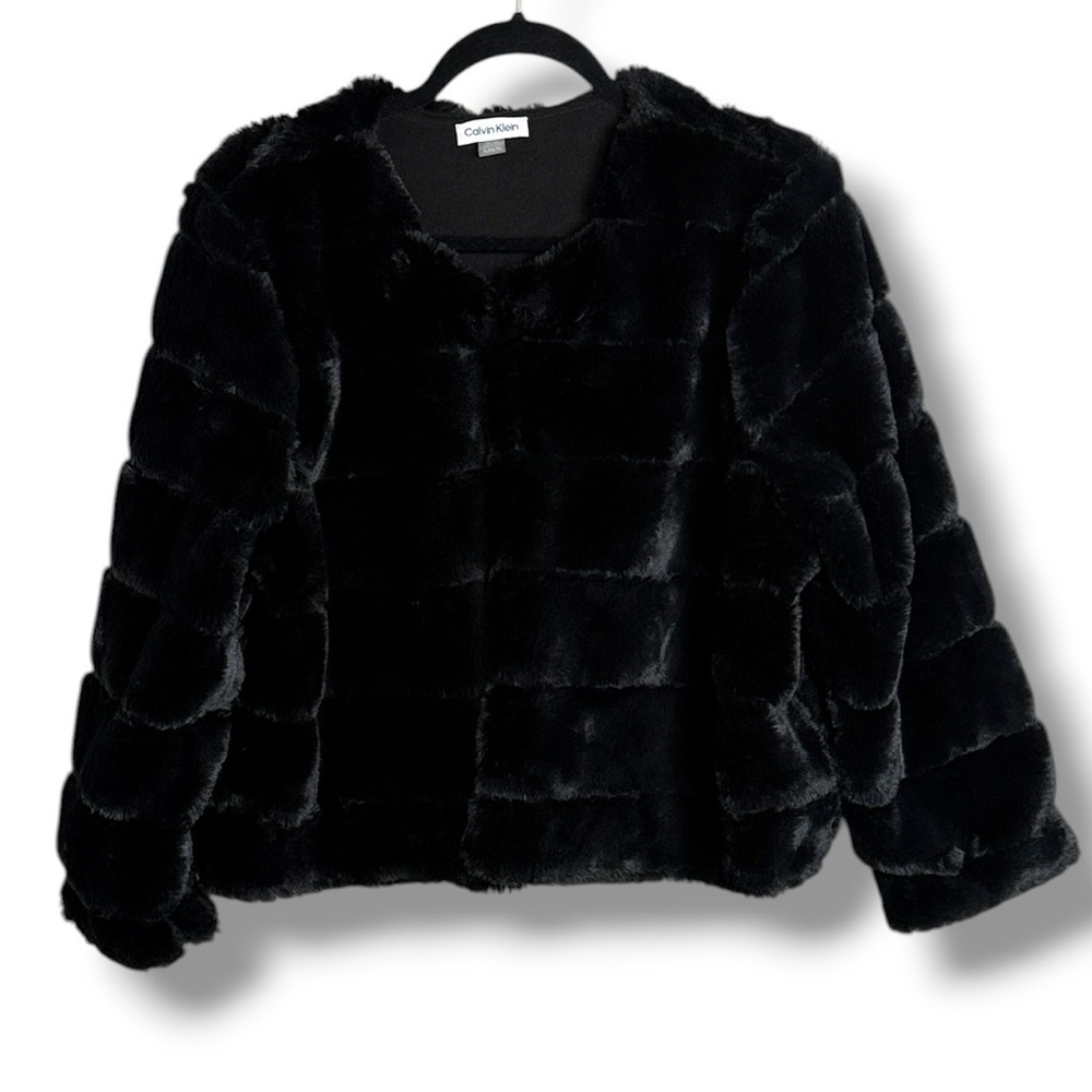 Calvin Klein Black Faux Fur Cropped Jacket- Worn Once- Like New Formal Evening